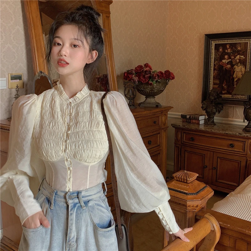 plus size blouses Original Design French Long Sleeve Short Women Front Buttons Blouse Retro Slim Shirt Female Korea Women Clothing long sleeve blouse