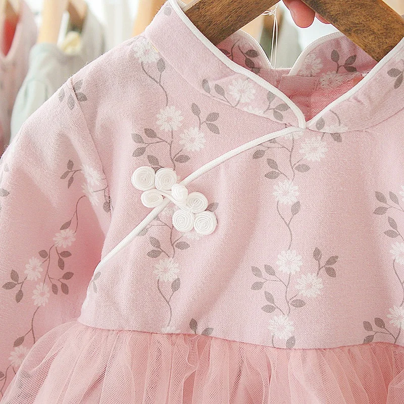 

Kids Baby Girls Mesh Stitching Gauze Princess Dress Autumn Flower Cute Round Neck Sweet Long Sleeve Dress