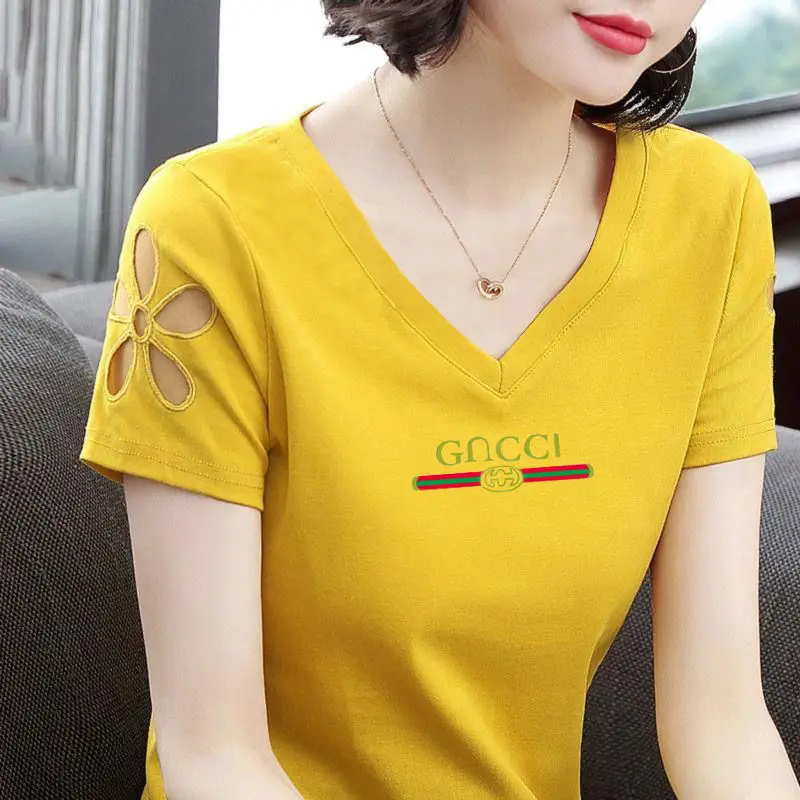 

2020 Short-Sleeved T-shirt Women's New Summer Slim-Fit Large-Size Hollow V-neck Korean-Style All-match T-shirt Women