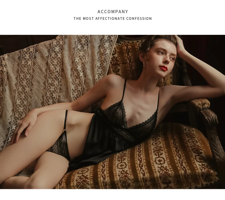 Черный, белый цвет сексуальные пижамы Ice Silk(искусственное волокно Лето Высокое Разделение прозрачный Для женщин сна костюм футболка с шортами и ремешками через подъем, декорированные кружевом и бисером, одежда для сна, одежда для сна