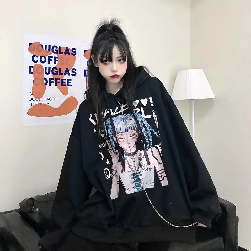 

ZOGAA Harajuku Japanese Girls Letters Print Long Sleeve Warm Chain Hoodies Women Winter Loose Pullovers Hooded Sweatshirt Tops