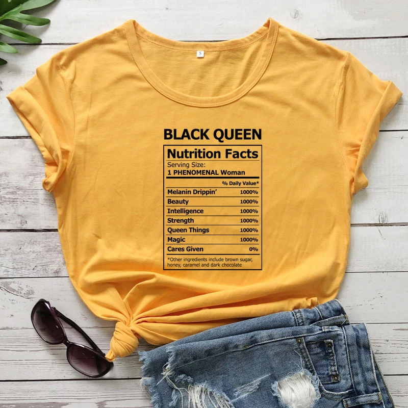 Siyah kraliçe beslenme gerçekleri T-shirt Casual kadın kısa kollu Hipster Melanin üst Tee gömlek moda siyah kız sihirli Tshirt
