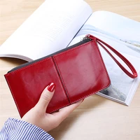 womens vintage oil wax leather zipper clutch wallet female large capacity coin purse ladies wristband simple card holder wallet