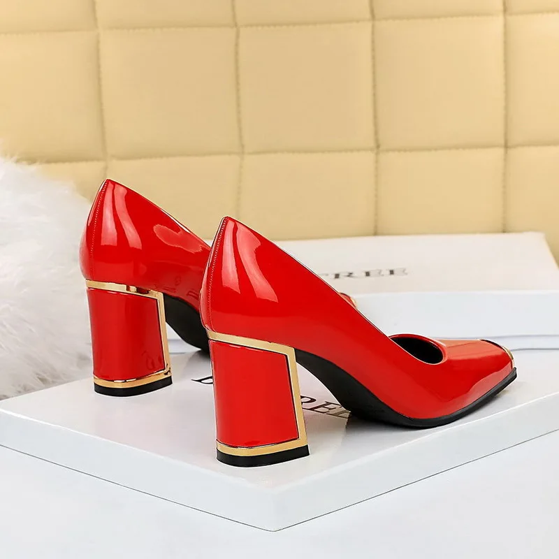

European Fashion Style Office Lady Work Shoes,Women Pumps,High Heels,Square toe Heel,Female Fashion Design Footware,Black,Red