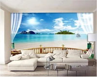 3d photo wallpaper custom mural balcony curtain blue sky white cloud sea view wallpaper for walls in rolls home decor room