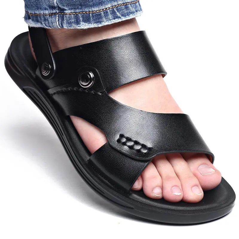 

Summer New Fashion Men Shoes Vintage Real Leather Non-slip Beach Slip-On Sandals Travel Flip Flop Slippers Black Brown mk5