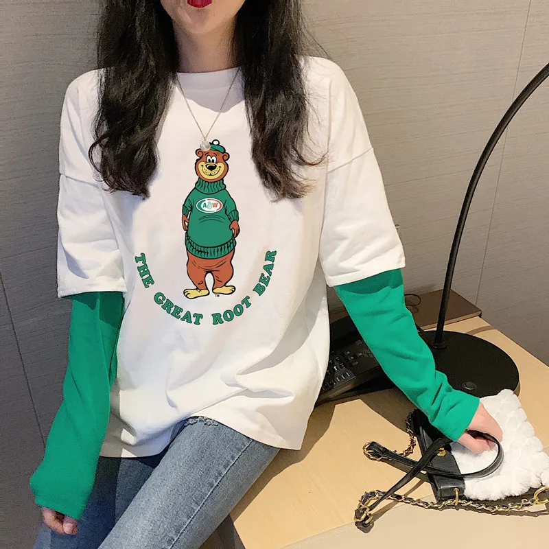 

Fashion T Shirt Women Spring Cartoon Tee Shirt Femme Elegant Long Sleeve Loose Tshirt Casual Plain Cotton Girl Top Streetwear