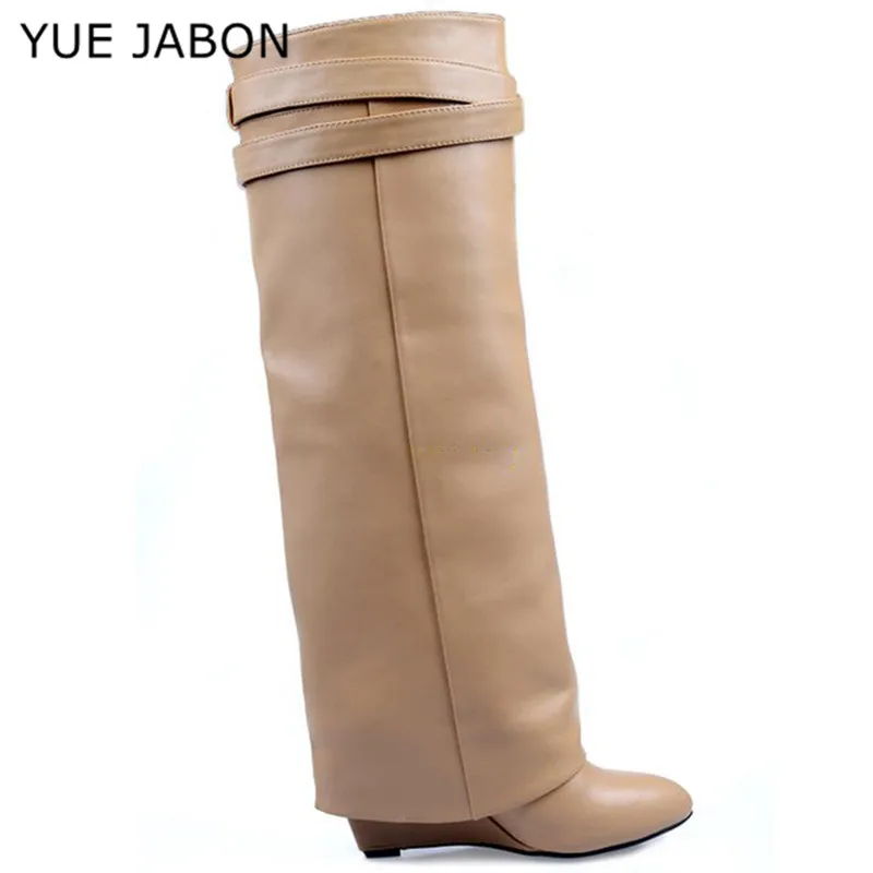 

YUE JABON Wedge Shark Lock Women Knee High Boots Slip-on Over Lady Motorcycle Boots Height Increasing women boots botas mujer