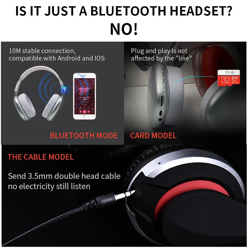 

Wireless Bluetooth Headset P9 Max Sports Wireless 5.0 Headphones Stereo HIFI Earphone With Mic for iOS Android 3.5mm AUX/FM/Card