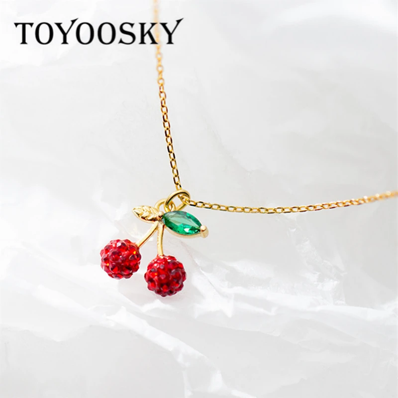 

TOYOOSKY 925 стерлингового серебра фрукты красного цвета с украшением в виде кристаллов вишня ожерелья с подвесками для женщин звено цепи ожерел...