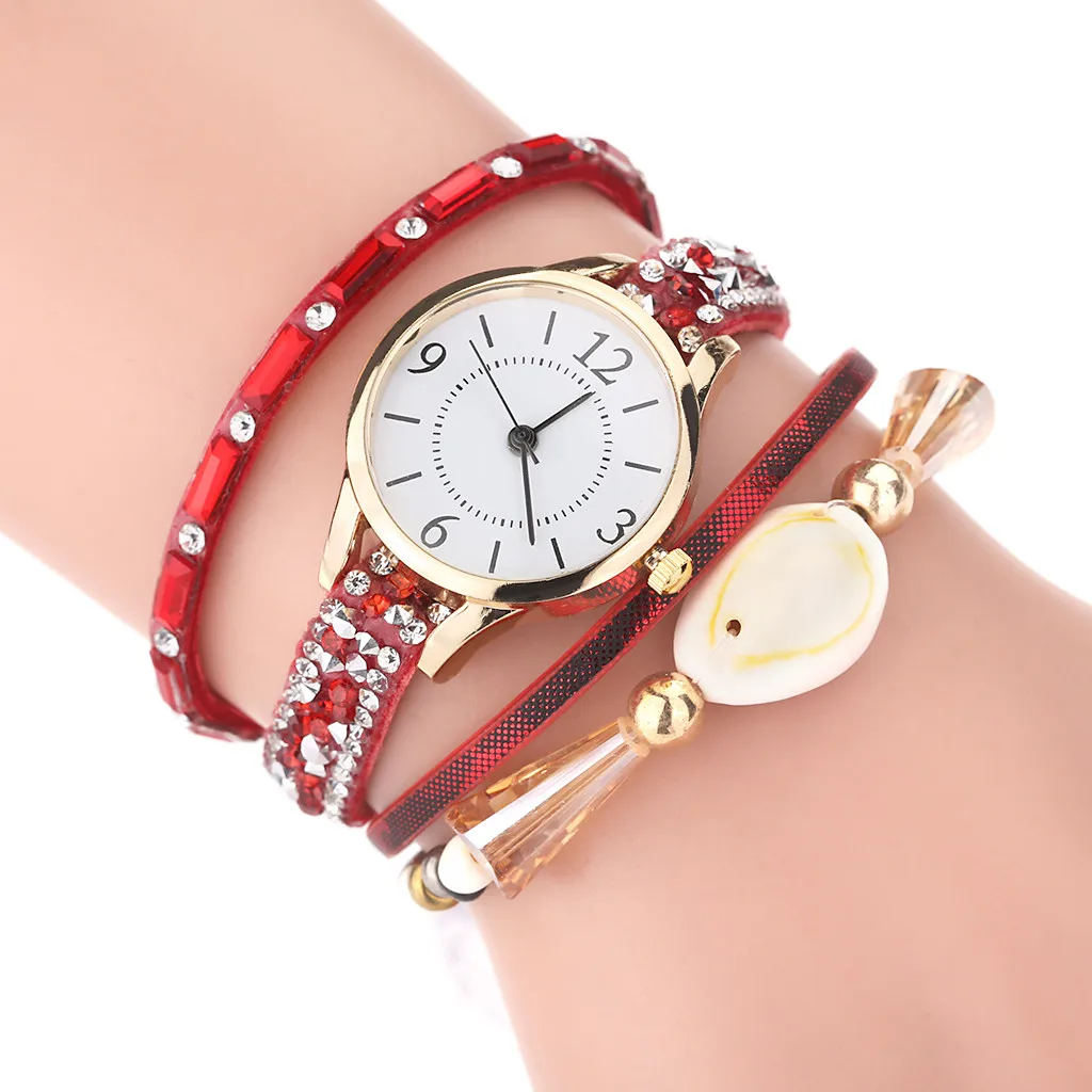 Винтажные модные женские часы с хрустальными бусинами дамский браслет кожаный