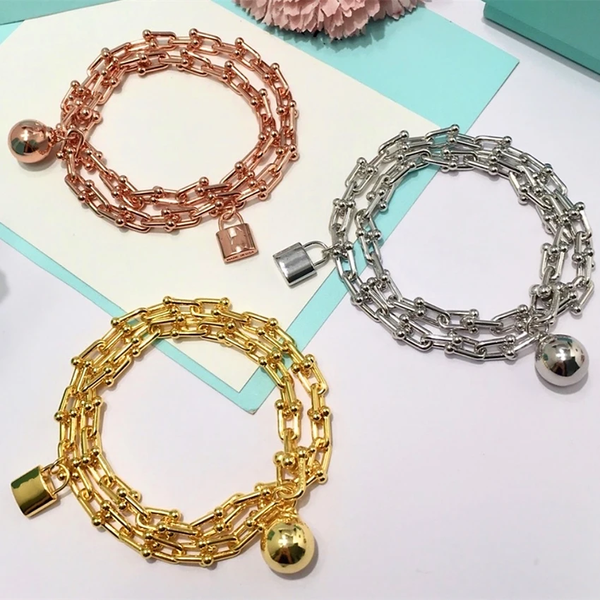 925 стерлингового серебра круглые бусины замок кулон U образный браслет в