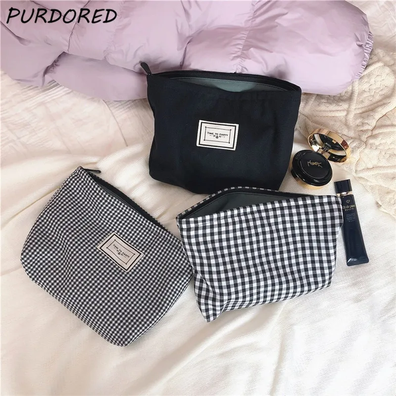 

PURDORED 1 Pc Women Lattice Cosmetic Bag Large Solid Black Makeup Bag Travel Beauty Case Storage Organizer Clutch Toiletry Kit