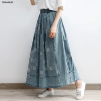 tiyihailey free shipping 2021 long maxi a line skirt women elastic waist spring autumn denim jeans vintage skirt with pockets