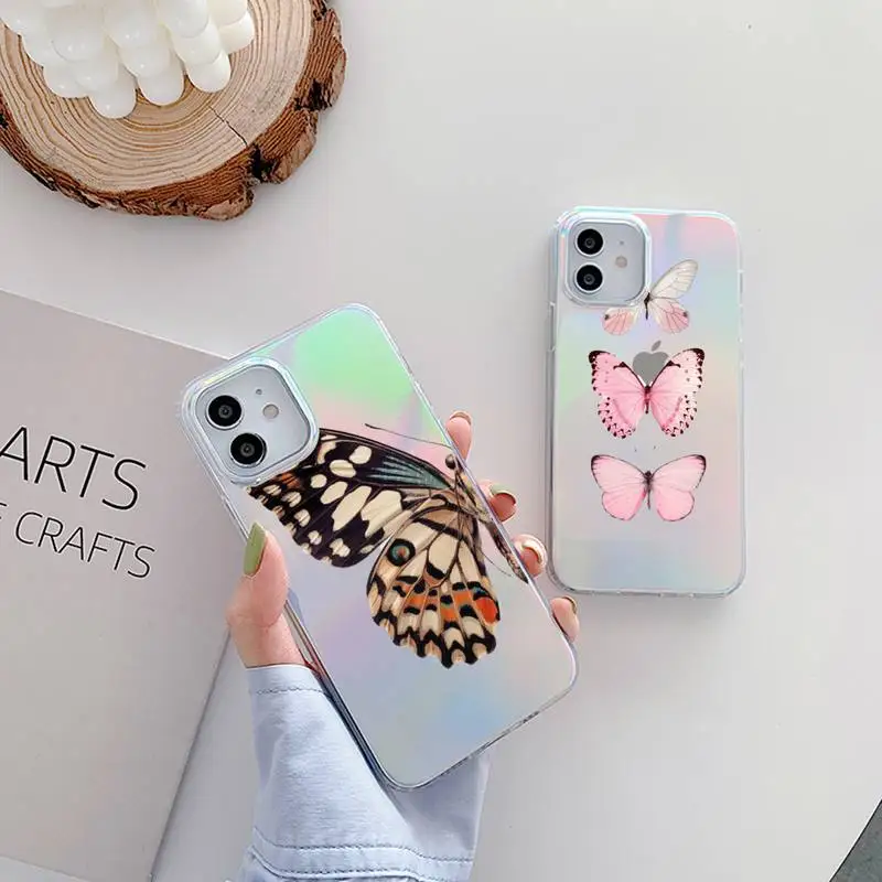 

Cute Butterfly pink fly PhoneCase for iPhone huawei P 7 8 9 11 12 10 30 40 S X XS XR MINI Pro Max Plus laser Transparent Glitter