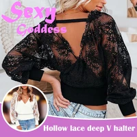 womens sexy v neck lace hollow long bat sleeved shirt with exposed back patchwork translucent top fashion casual top