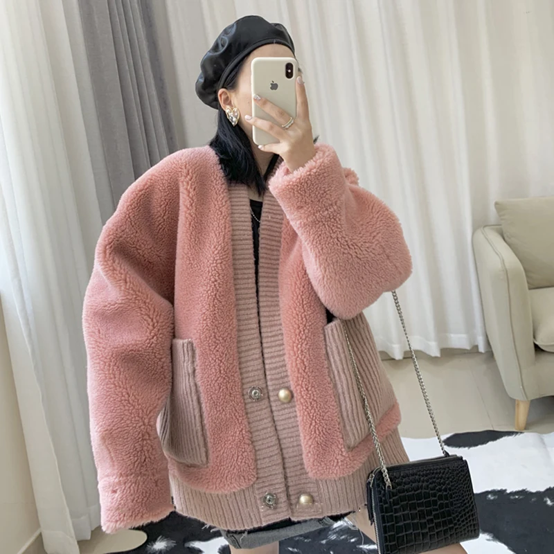 

HWLZLTZHT Women Winter Lambswool Coats Vintage Female Loose Thick Single Breasted Cardigans Casual Lady Warm Faux Fur Outwears