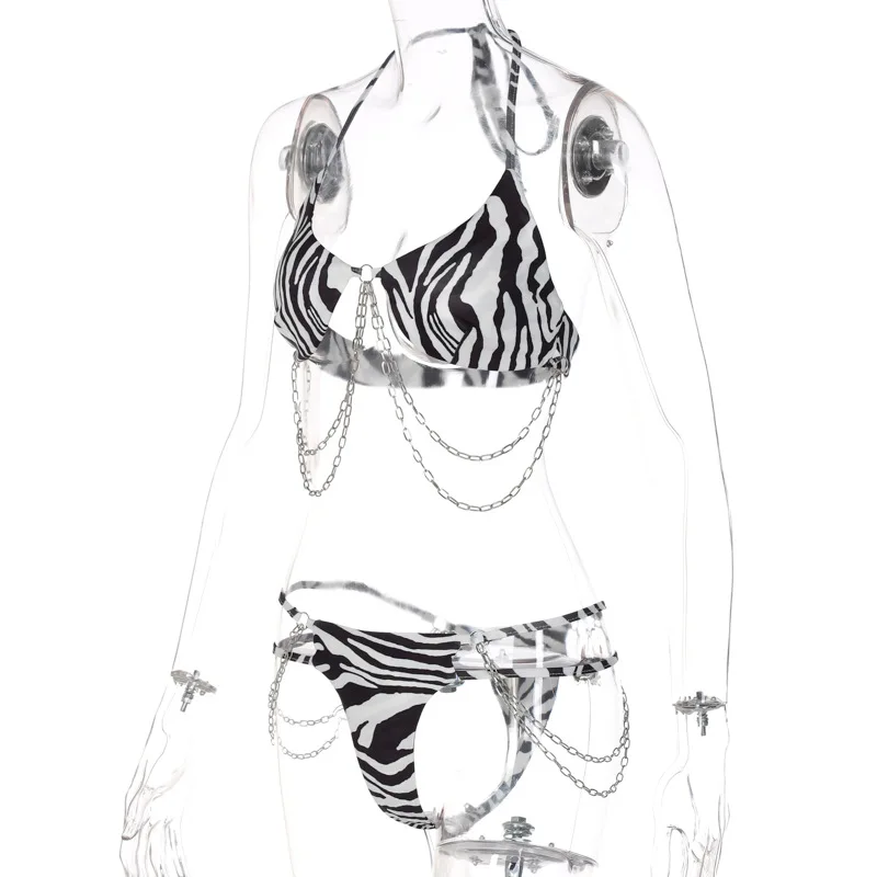 Женский раздельный купальник с принтом зебры черный пляжный купальный костюм