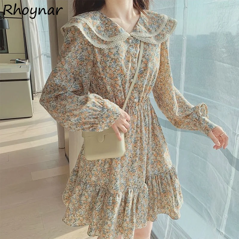 

Long Sleeve Dress Womens Spring Sweet Vintage Fashion New Ruffles Elegant Soft Ladies Daily Fit Peter-pan-collar Ulzzang Floral