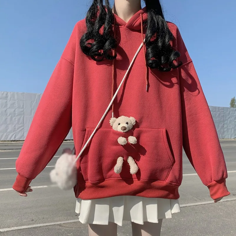 

Women Hoodies Korean Style Loose Bear Cute Rabbit Ears Plus Fleece Hooded Autumn Winter Long-Sleeved Top