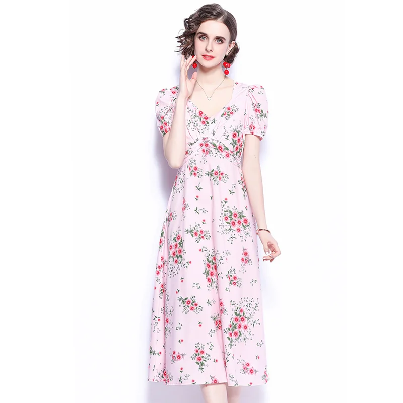 

French small floral dress artistic niche surprise chic short-sleeved party bohemian pink long skirt