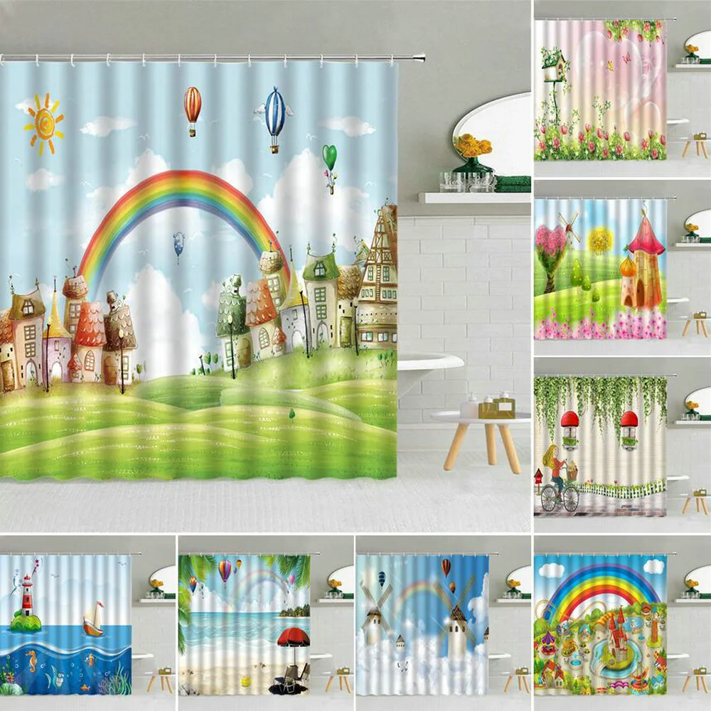 

Fairy Tale World Kids Shower Curtain Hot Air Balloon Rainbow Green Plant Flowers Scenery Kindergarten Bathroom Decor Curtains