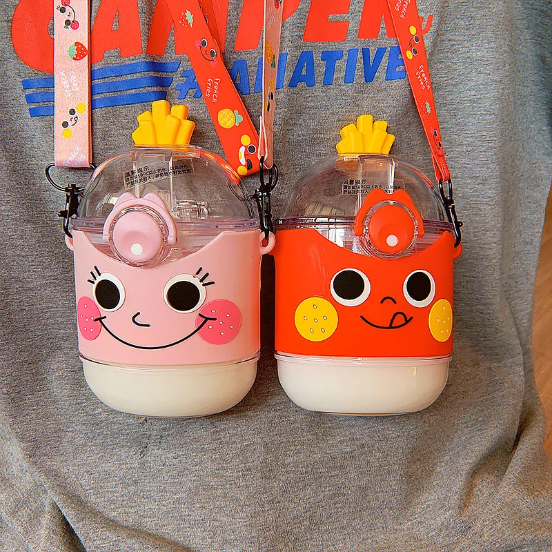 

New Water Bottle Portable Plastic Straw Cup Children's Student Water Cups Anti-fall Fries Head Cute Style To Send Straps 390ml