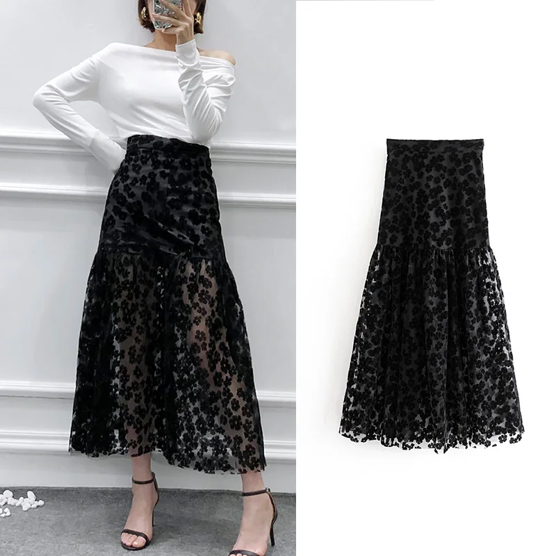 Женская сетчатая юбка za привлекательная кружевная с цветочным рисунком и