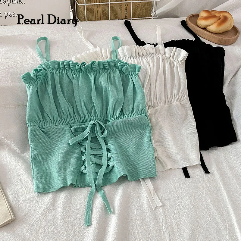

Pearl Diary Women Knitting Spaghetti Strap Tops Summer Ruffle Neckline Lace Up Details Sexy Club Tops Solid Color Going Out Tops