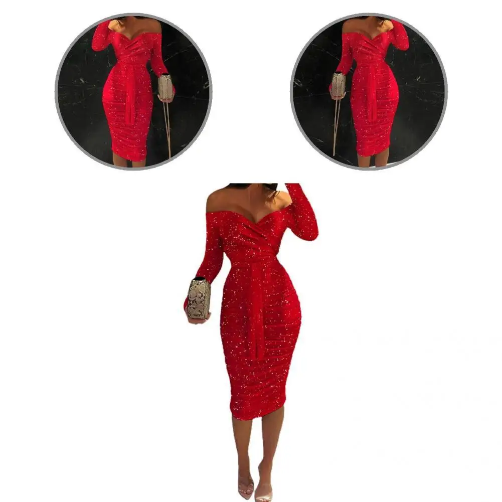 

Midi Dress High Waist Comfortable Long Off Shoulder Skinny Party Dress Lady Dress for Daily Wear