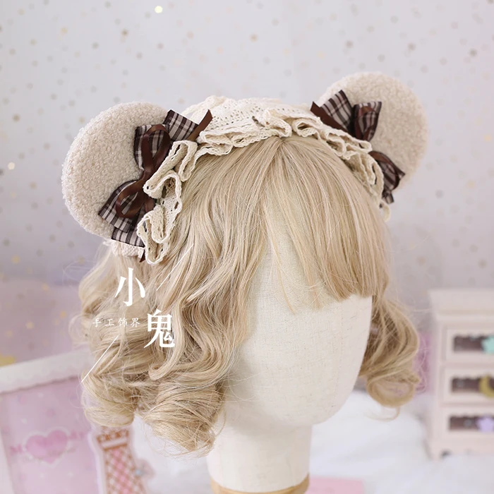 

Japanese Kawaii Lace Plaid bear Ears KC Hair Hoop Girls Lolita Bear Ear Headdress Cute Bowknot Brown Hair accessories Cosplay