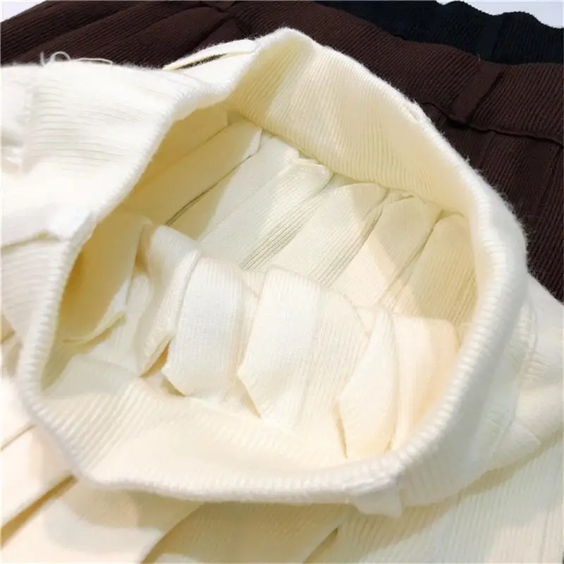 

Vintage Long Knitted Skirts Womens Elegant Faldas Casual Loose New Black High Waist Pleated Skirt Female With Belt Solid Q3354