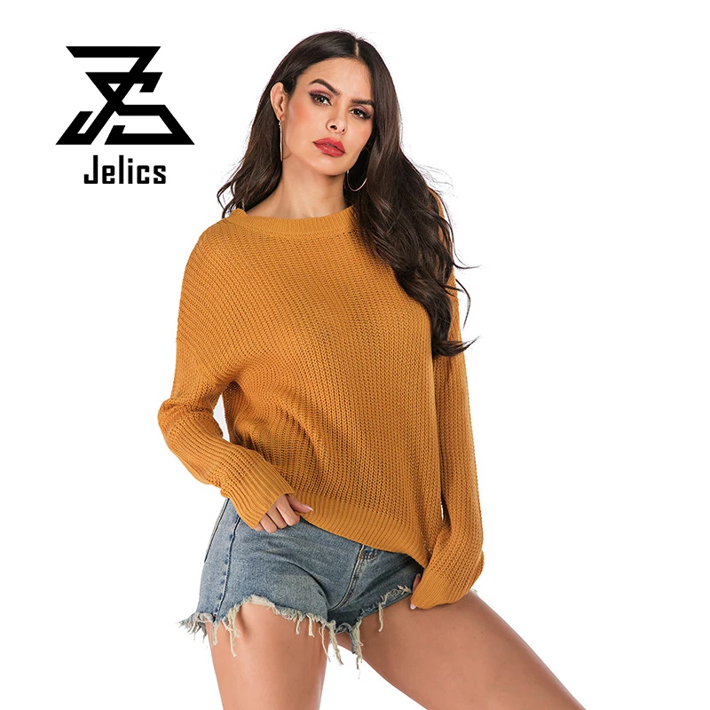 

Jelics 2019 Модный осенне-зимний Свободный Повседневный вязаный свитер Однотонный женский пуловер с круглым вырезом Топ свитер
