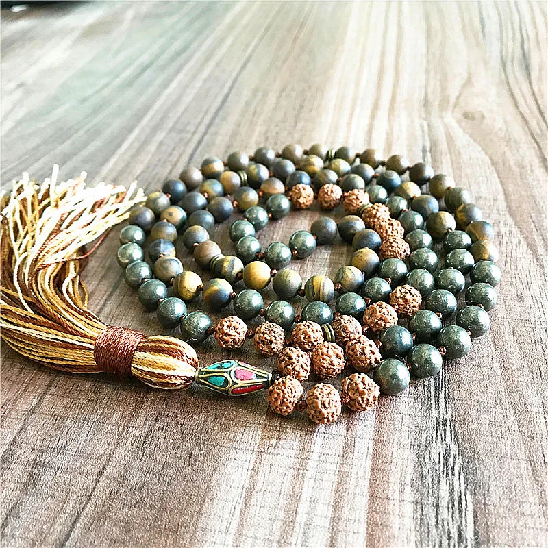 108 матовое ожерелье с тигриным глазом Mala завязанное кисточкой для медитации и