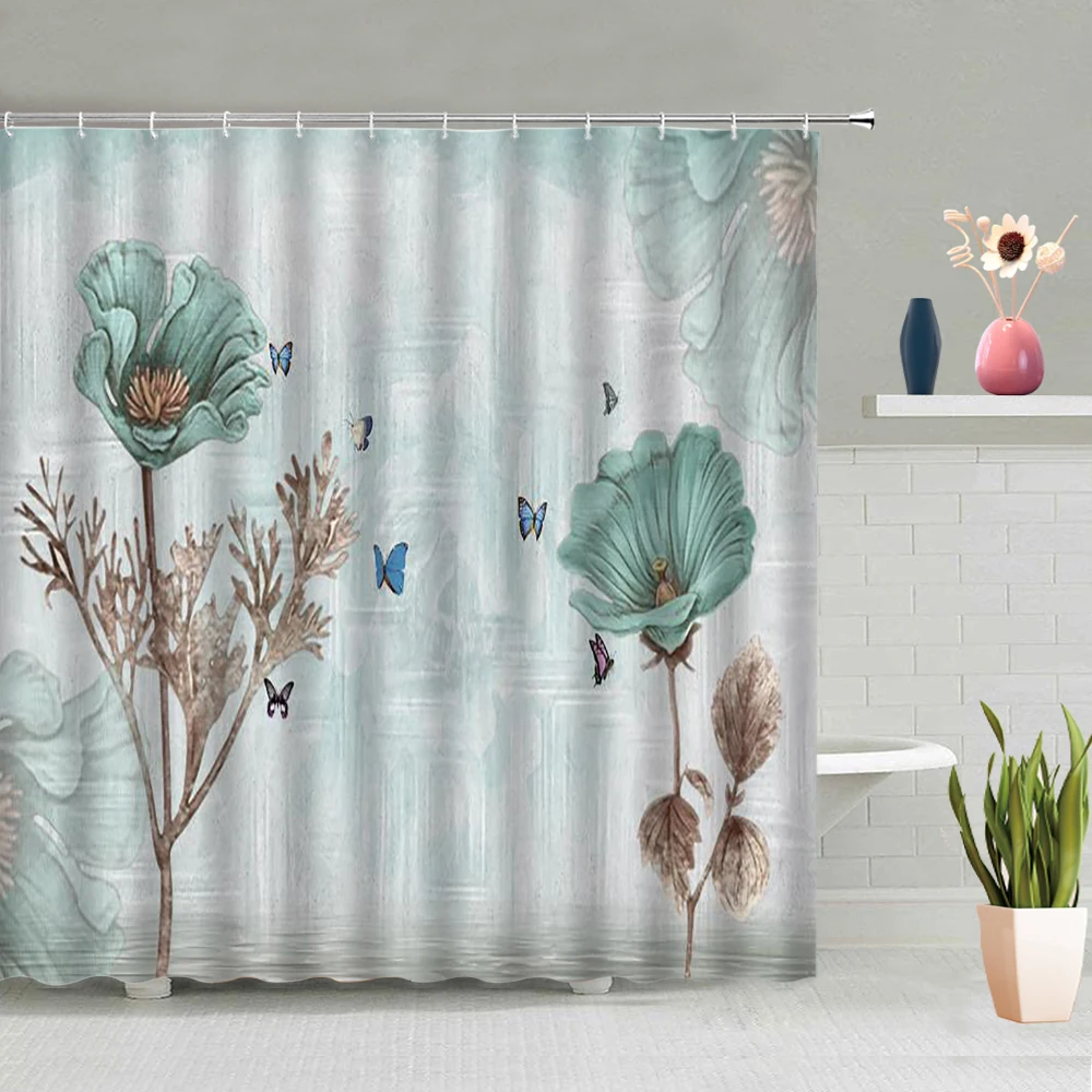 

Bathroom Pendant Mountain Peak Sunflower Flower Painting Pattern Partition Screen Shower Curtain Waterproof Polyester Belt Hook