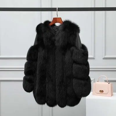 Женское пальто из натурального меха лисы, куртка из натурального меха, Осеннее зимнее теплое пальто, женская длинная одежда с рукавами - Цвет: Black  Long