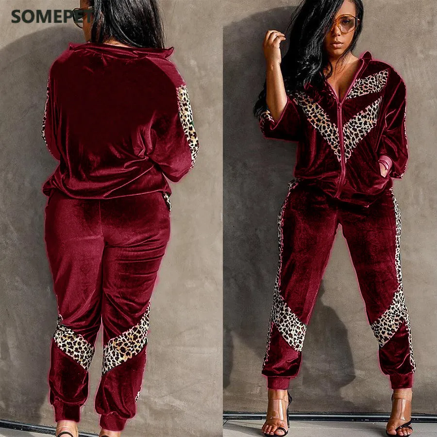 

Autumn New Women Sets Leopard Patchwork Tracksuits Velvet Two Pieces Fashion Zipper Long Sleeve Coats Jogger Pants Sportswear