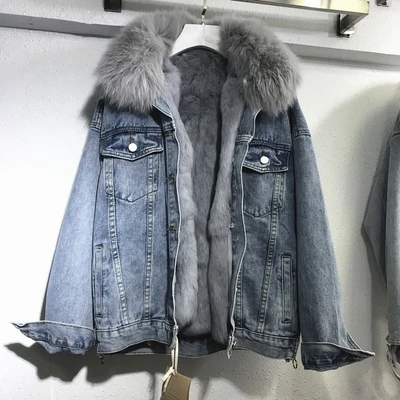 Blue Винтажная зимняя женская джинсовая куртка, свободная толстая теплая верхняя одежда, съемная подкладка из кроличьей шерсти, воротник из лисьего меха, джинсовое пальто для женщин - Цвет: Blue