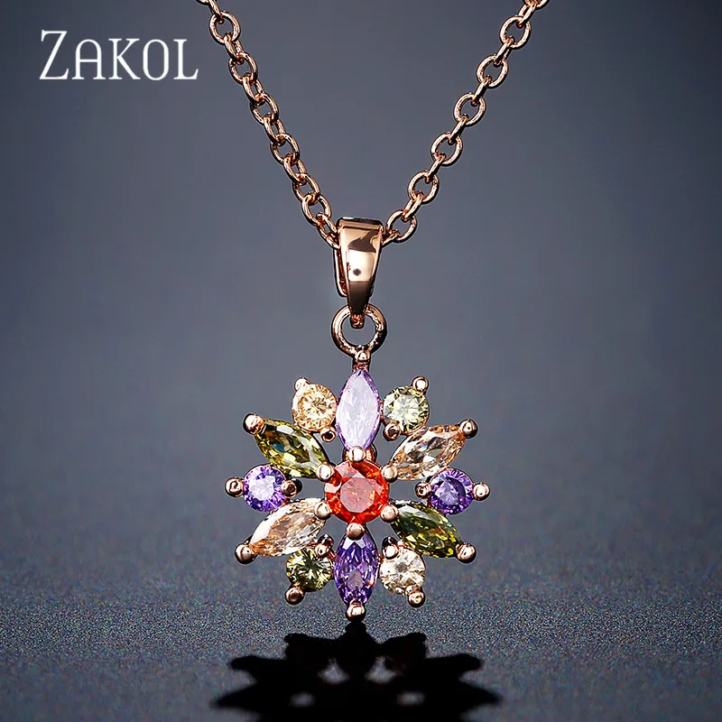 ZAKOL Fashion Rose Gold Color Pendants Flower Cluster Clear Crystal Zirconia Sweet Necklaces For Women Jewelry FSNP2105