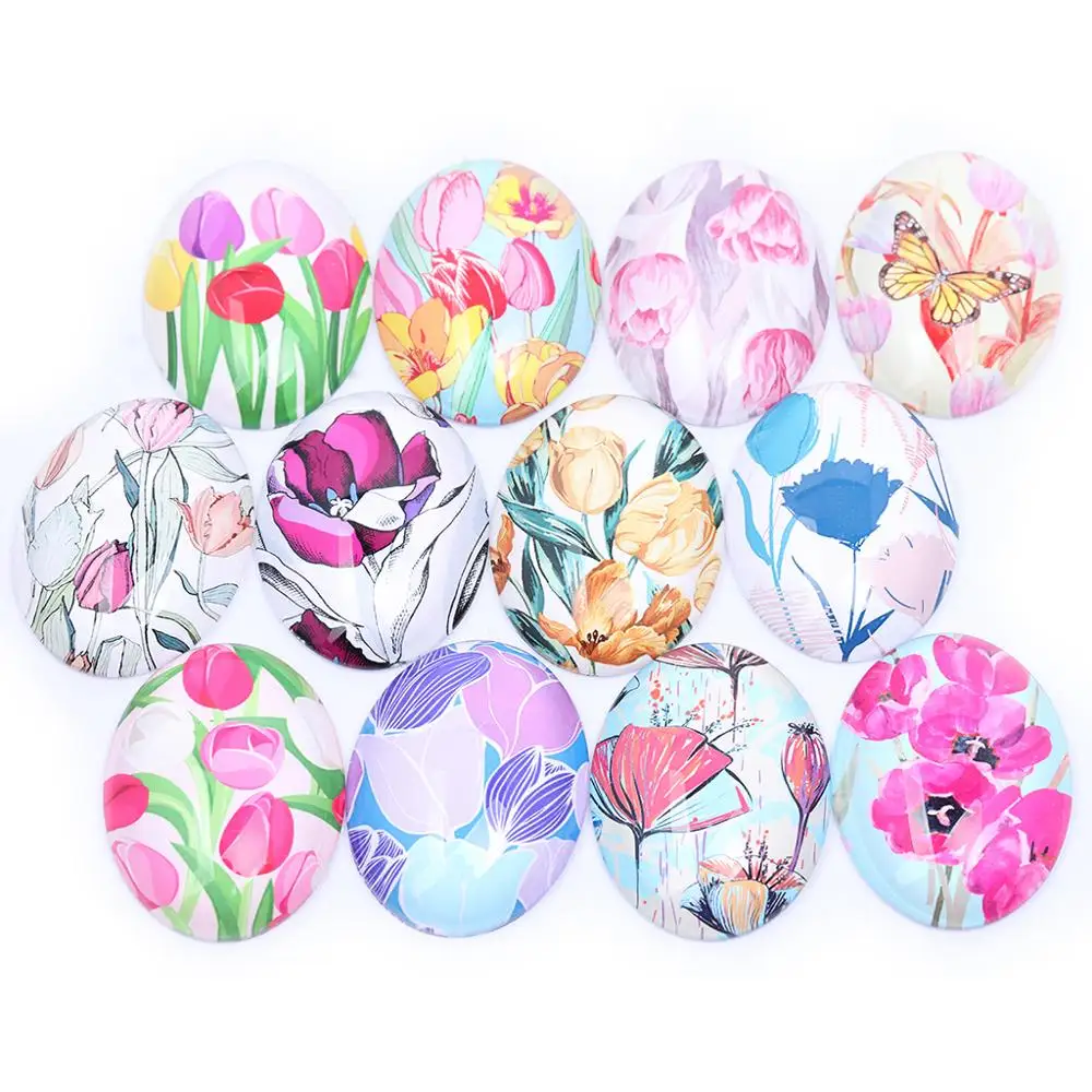 Стеклянные кабошоны с цветочным узором, Овальные, 13x18 мм, 18x25 мм, 30x4 мм