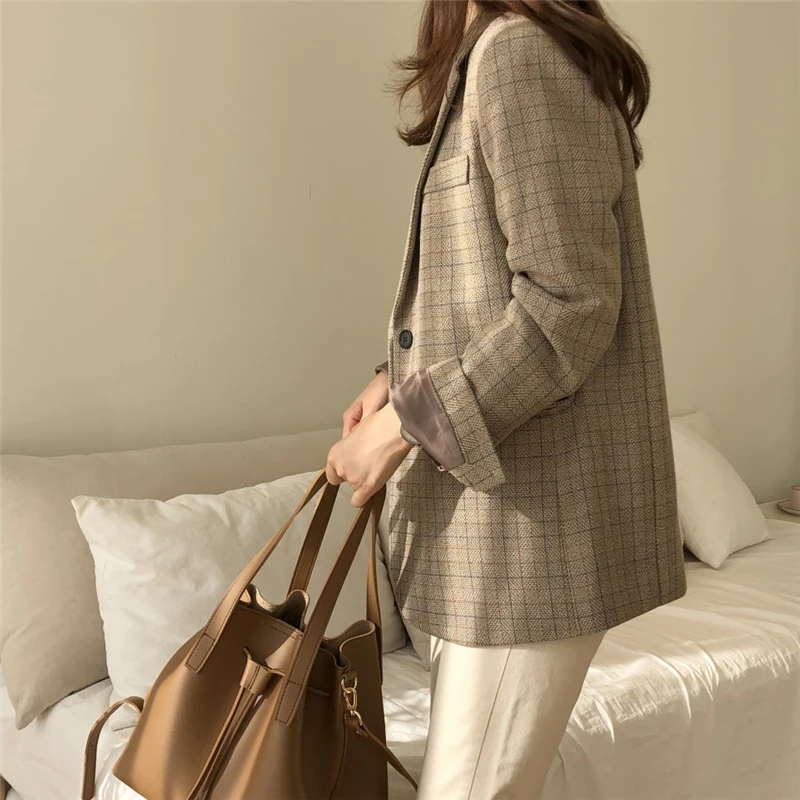 BGTEEVER винтажный клетчатый однобортный Женский блейзер с зубчатым воротником