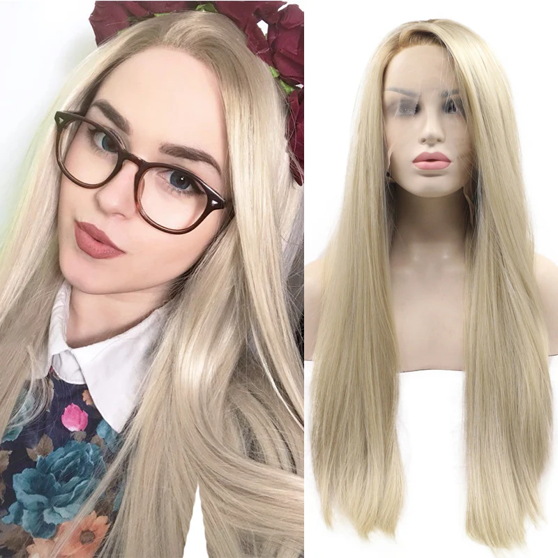Silky Straight Middle Part Ash Ombre Platinum Blonde Long Lace Front Hair Wig Honey Frontal Highlight Wigs For Black Women Hair