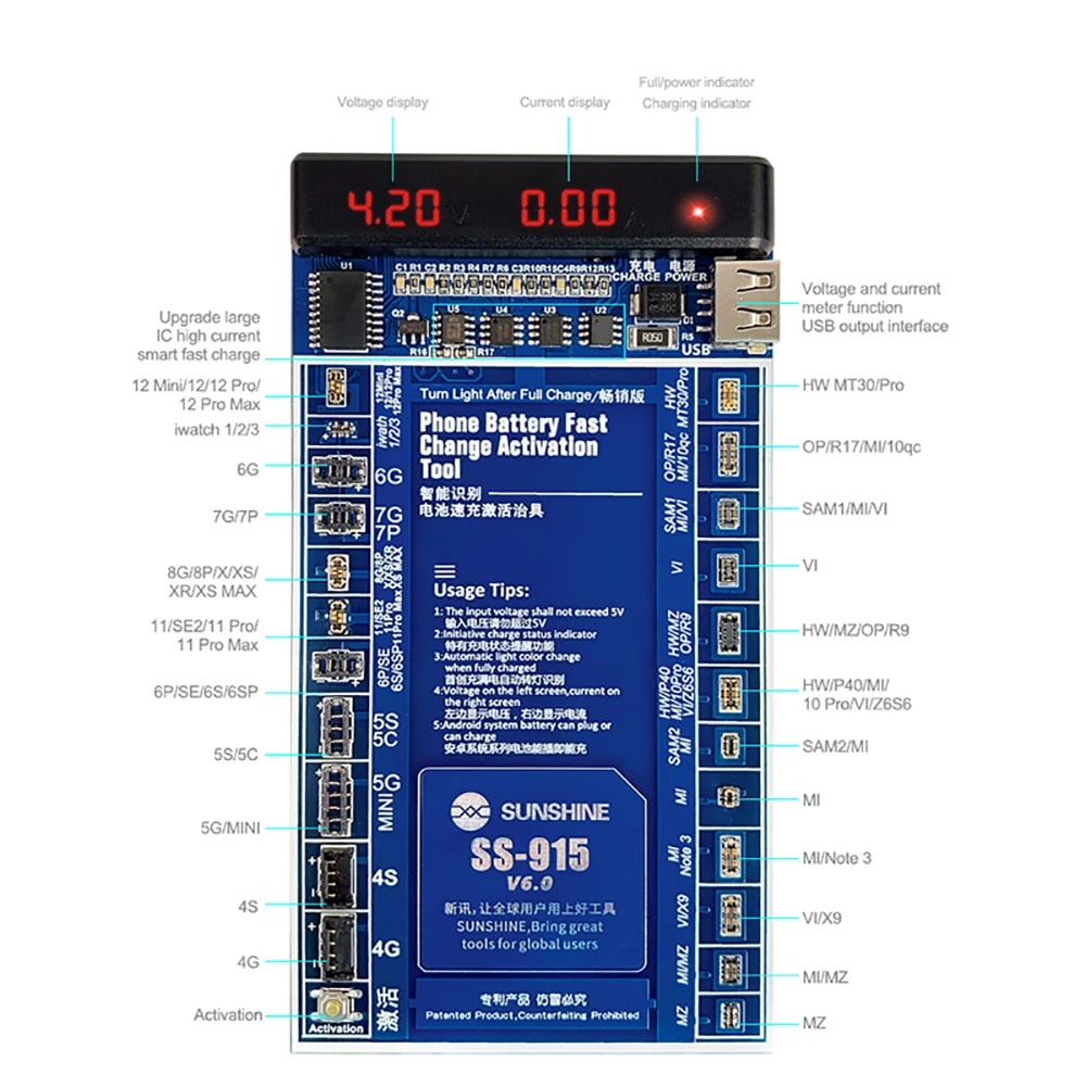 sunshine ss 915 universal battery activation board for iphone huawei xiaomi quick charge pcb tool with usb cable free global shipping