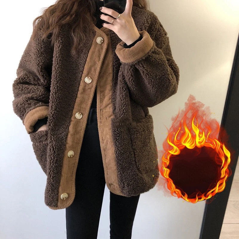 

Fall/winter Imitation Lamb Wool Coat Women Korean Round Neck Long Sleeve Loose Stitching Buttons Plus Cotton Jacket Winter J145