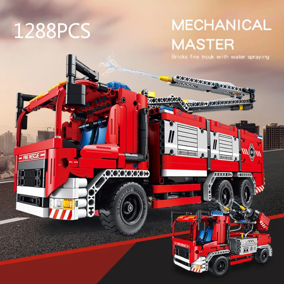 

technical city vehicle building block assemble model fire engine truck bricks With shooting water educational toys for gifts