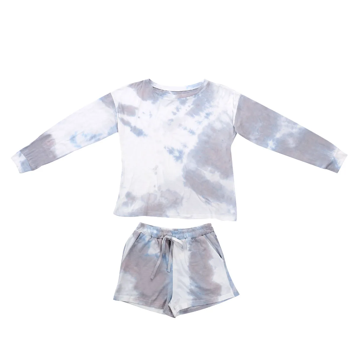 

Tie Dyeing Print 2PCs Set Women Casual Tie Dye Pajamas Outfits Long Sleeve Print Shirts + Elastic Short Pants Home Clothes