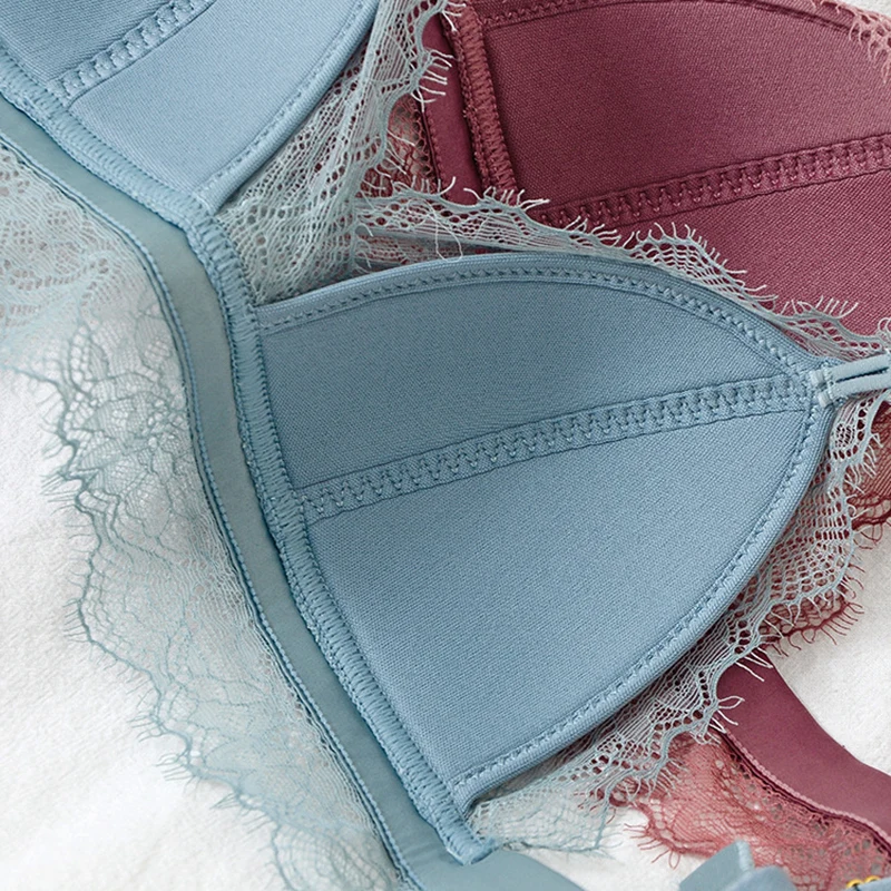 

2020 New Sexy Eyelash Lace Triangle Bra and Panties Set Thin Cup Wire Free Satin Underwear Girls Bra Set Women Lingerie