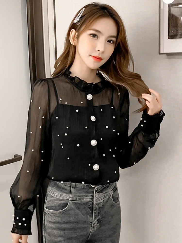 

Women's Blouse Chiffon Top Long Sleeve Blouses Lotus Leaf Collar Shirts Summer Tops Fashion Shirt Casual New Solid Color Beaded