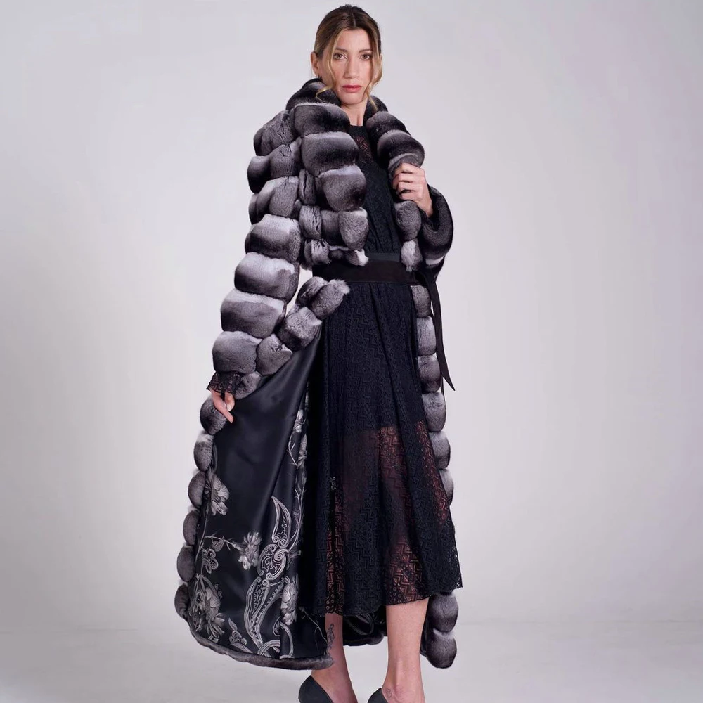 Fashion X-long Real Rex Rabbit Fur Coat Women Winter Thick Warm Fur Overcoat Luxury Woman Genuine Rex Rabbit Fur Coats Full Pelt