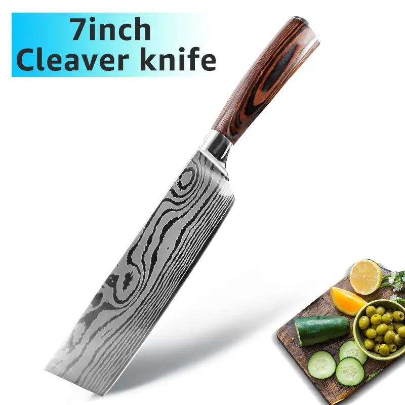 7 INCH CLEAVER Ножи шеф-повара 9 набор кухонных ножей 7CR17 440C из высокоуглеродистой нержавеющей стали дамасский рисунок Gyuto Кливер набор слайсер нож сантоку - Цвет: 7 INCH CLEAVER